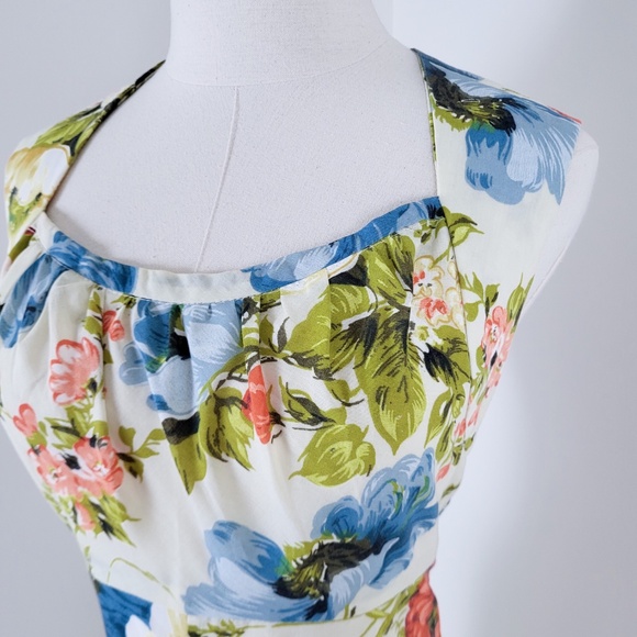 70's A-Line Floral Dress Hawaiian Square Neck Halter Cap Sleeves Full Circle - Picture 4 of 16